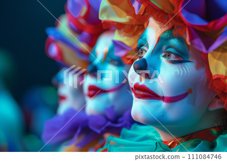 Close up portrait of traditional British pantomime actors on stage in theater wearing costumes 111084746