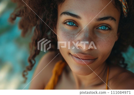 beautiful young woman at the beach with freckles 111084971