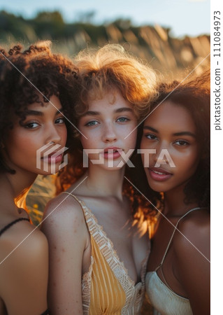 beauty girls with natural hair and curly hair posing on a sunny day 111084973