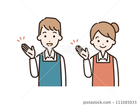 Illustration of a man and woman in aprons giving guidance _ upper body Illustration of a man and woman in aprons giving guidance _ upper body 111085033