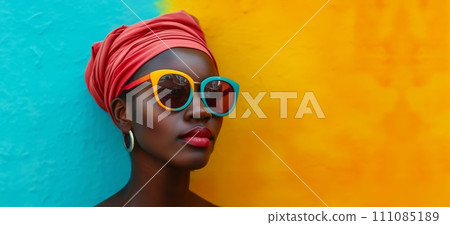 african afro chic woman wearing colorful sunglasses against colorful wall african afro chic woman wearing colorful sunglasses against colorful wall 111085189