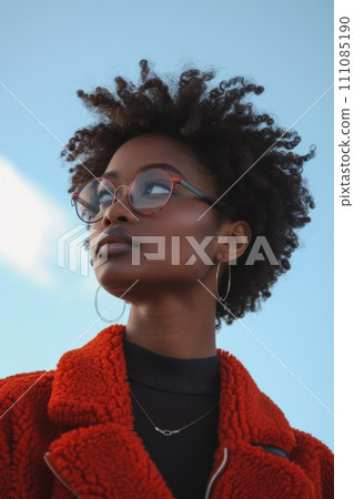 a woman with afro hair and a red jacket looking up at sky a woman with afro hair and a red jacket looking up at sky 111085190