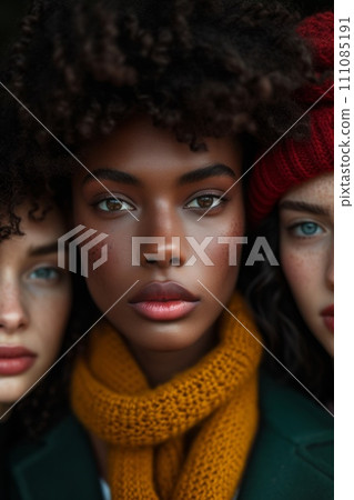 three young women in bright knitted posing for camera three young women in bright knitted posing for camera 111085191