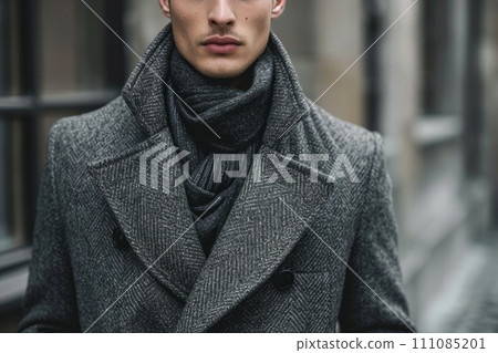 young man wearing wool coat in gray and wool scarf young man wearing wool coat in gray and wool scarf 111085201