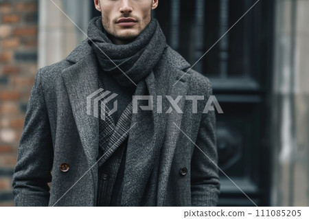 young man wearing wool coat in gray and wool scarf 111085205