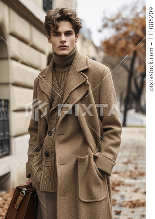 stylish man wearing a camel coat walking on city streets 111085209