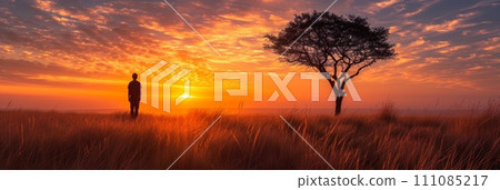 the silhouette of the man and a tree during sunset in the grassy field 111085217