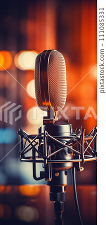 Sound recording microphone on black background. Poster with copy space. Sound recording microphone on black background. Poster with copy space. 111085331