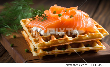 Belgian waffles with cheese and salmon. Healthy breakfast with ricotta and fish. 111085339