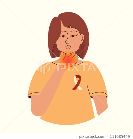 Sad woman with thyroid gland disease. Throat cancer illustration female character. 111085449