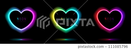 Set of neon light heart shape frames design on a dark background. gradient glowing borders. elements valentine day festival design. colorful futuristic Valentines Day. vector design. 111085796