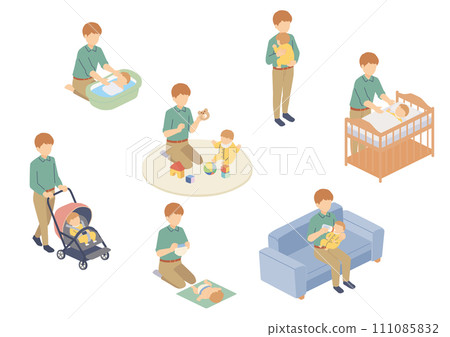 一個男人照顧嬰兒的等距插圖 一個男人照顧嬰兒的等距插圖 111085832