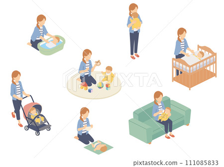 一名婦女照顧嬰兒的等距插圖 111085833