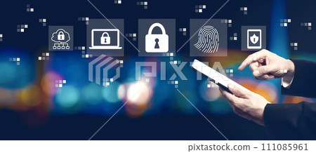 Internet network security concept with businessman using a tablet computer Internet network security concept with businessman using a tablet computer 111085961
