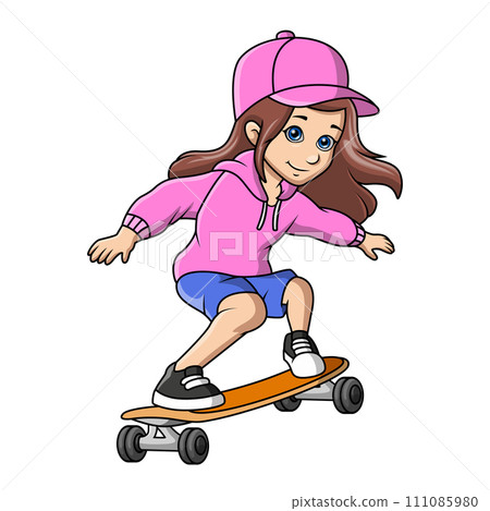 Cute little girl cartoon playing skateboard 111085980