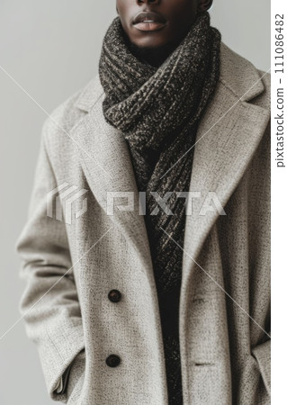young african american man wearing wool coat in gray and wool scarf young african american man wearing wool coat in gray and wool scarf 111086482