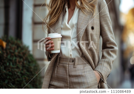 a girl in beige pants holds a coffee from her suit a girl in beige pants holds a coffee from her suit 111086489