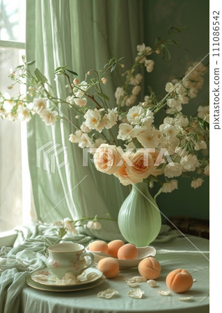 a vase sits next to a pot of peaches and a table setting 111086542