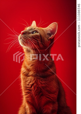 a cat looking at the camera on a hot red background a cat looking at the camera on a hot red background 111086546
