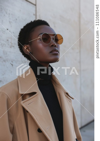 afro woman in sunglasses and camel coat sitting in sun 111086548