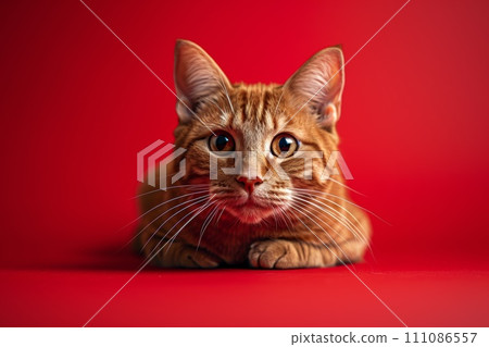 a cat looking at the camera on a hot red background a cat looking at the camera on a hot red background 111086557