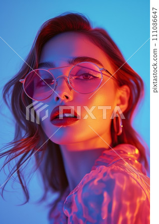 image of a young, romantic woman in glasses with neon lights image of a young, romantic woman in glasses with neon lights 111086647
