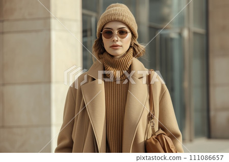 woman in a warm beige coat walking on city streets in winter woman in a warm beige coat walking on city streets in winter 111086657