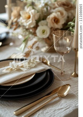a black and gold table setting with candles 111086665