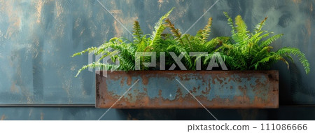 twisted ferns in planter on wall of rusty grunge wall 111086666