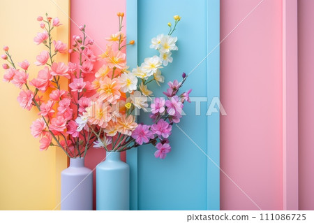 colorful vases with flowers on a pink and yellow background 111086725