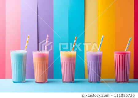 five colorful smoothies as a counter with rainbow colors 111086726