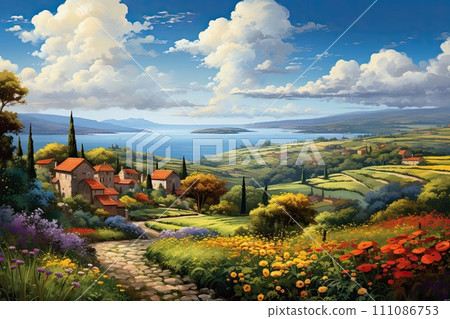a path near the sea and flowers, in the style of elegant cityscapes a path near the sea and flowers, in the style of elegant cityscapes 111086753