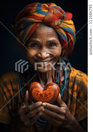a woman smiling directly into the camera, her fingers forming a heart shape 111086795