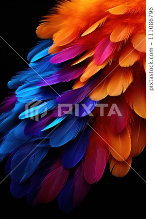 stunning composition with colorful feathers on a black background 111086796