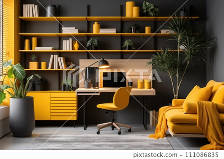 a yellow - themed home office adorned with stylish shelves and a well - organized desk 111086835