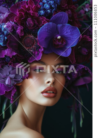 an elegant model with a flower crown on her head 111086853