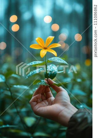 a woman's hands holding yellow flowers 111086862