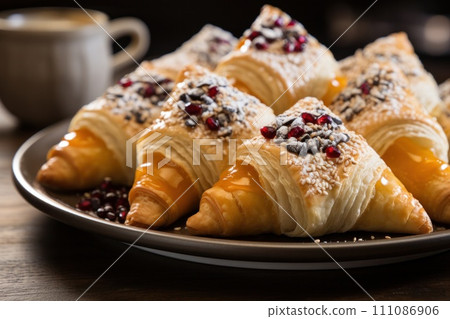 festive treats for Purim, such as triangular pastries filled with sweet 111086906