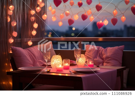 Valentine dinner setup mockup with romantic pastel-colored lights 111086926