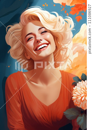 flat design illustration featuring a side portrait of a smiling, blonde woman flat design illustration featuring a side portrait of a smiling, blonde woman 111086927