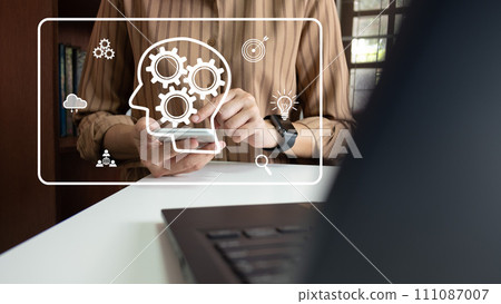 AI technology, Artificial Intelligence, Using laptop for search engine and find data, digital circuit learning machine, create or generate picture or article auto 111087007