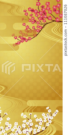 日式背景。紅色和白色李子和金色背景的垂直插圖 日式背景。紅色和白色李子和金色背景的垂直插圖 111087026