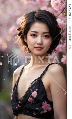 一個美麗的女人的肖像,背景是櫻花樹 一個美麗的女人的肖像,背景是櫻花樹 111087324