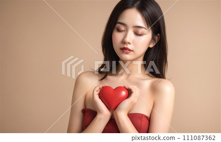 A woman wrapping a heart in front of her chest (Generative AI) 111087362