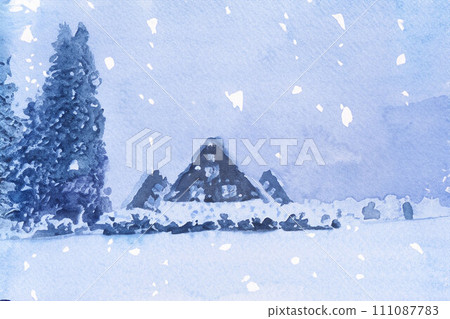 【世界遺產】白川鄉大雪、三聯棕櫚樹、水彩風格【岐阜縣】 【世界遺產】白川鄉大雪、三聯棕櫚樹、水彩風格【岐阜縣】 111087783