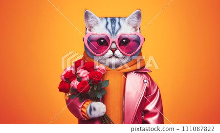 Cute funny cat holding with bouquet of roses in Valentines day concept. Cute funny cat holding with bouquet of roses in Valentines day concept. 111087822