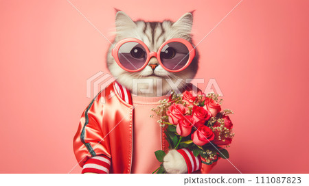 Cute funny cat holding with bouquet of roses in Valentines day concept. 111087823