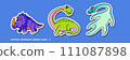 A collection of funny dinosaur vector cartoon character stickers in isolated solid colors background. The first sticker pack features a Triceratops, Plesiosaurs, and Brontosaurus.	 111087898