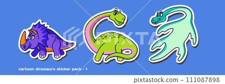 A collection of funny dinosaur vector cartoon character stickers in isolated solid colors background. The first sticker pack features a Triceratops, Plesiosaurs, and Brontosaurus.	 111087898