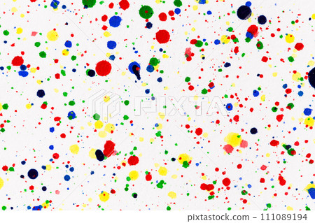 Paint splatters on bright material. Watercolor on white paper. 111089194